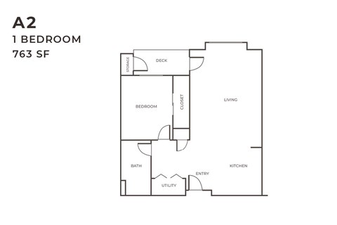 Floor plan for 1 bed, 1 bath, 763 sqft