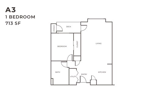 Floor plan for 1 bed, 1 bath, 713 sqft