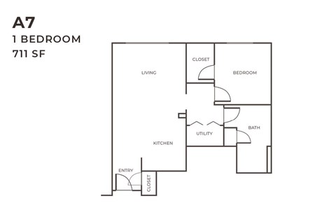 Floor plan for 1 bed, 1 bath, 711 sqft