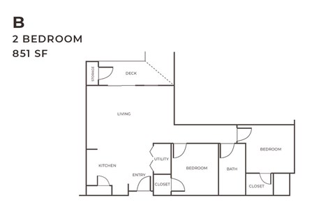 Floor plan for 2 beds, 1 bath, 851 sqft