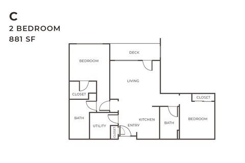 Floor plan for 2 beds, 2 baths, 881 sqft