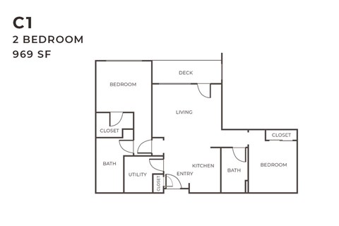 Floor plan for 2 beds, 2 baths, 969 sqft
