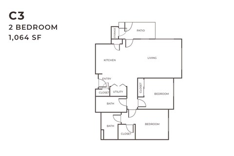 Floor plan for 2 beds, 2 baths, 1064 sqft