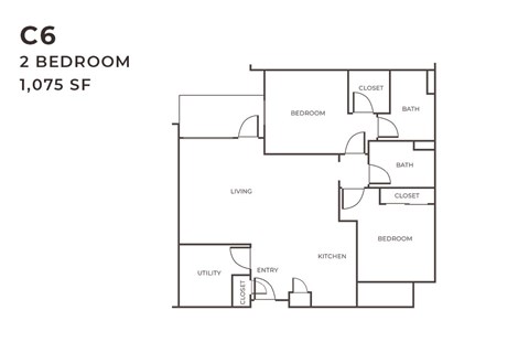 Floor plan for 2 beds, 2 baths, 1075 sqft
