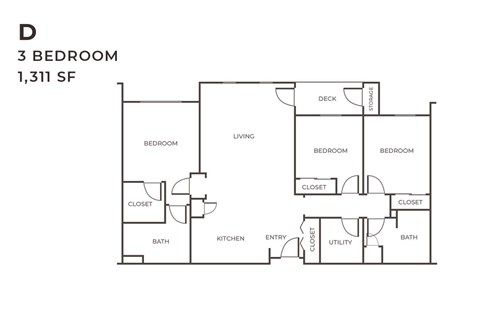 Floor plan for 3 beds, 2 baths, 1311 sqft