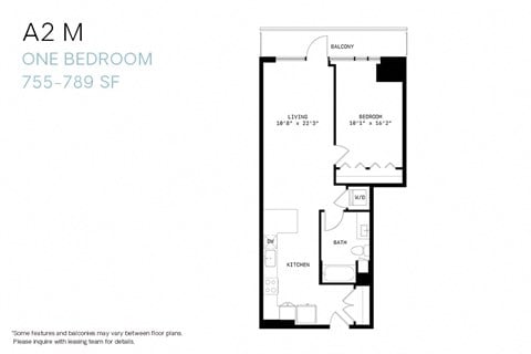 Floor plan for 1 bed, 1 bath, 755 sqft