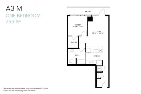 Floor plan for 1 bed, 1 bath, 755 sqft