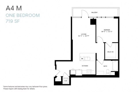 Floor plan for 1 bed, 1 bath, 719 sqft