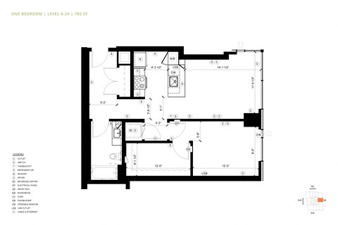 Floor plan for 1 bed, 1 bath, 785 sqft