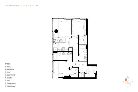 Floor plan for 2 beds, 2 baths, 1079 sqft