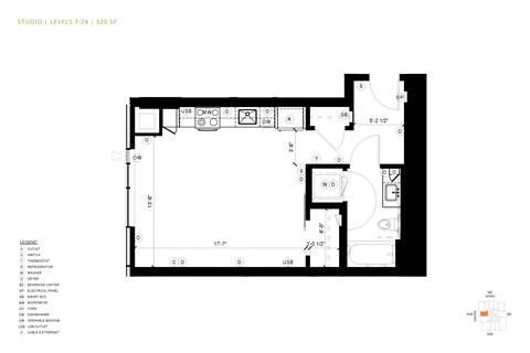 Floor plan for studio, 1 bath, 520 sqft