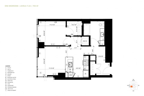 Floor plan for 1 bed, 1 bath, 705 sqft