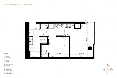 Floor plan for 1 bed, 1 bath, 585 sqft