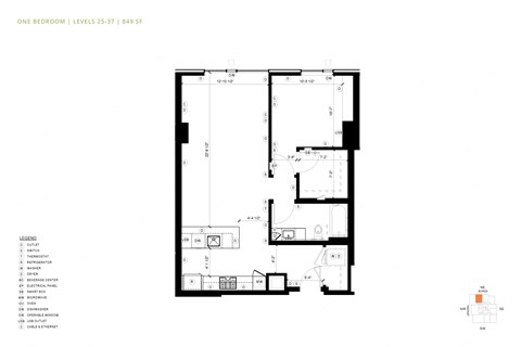 Floor plan for 1 bed, 1 bath, 835 sqft