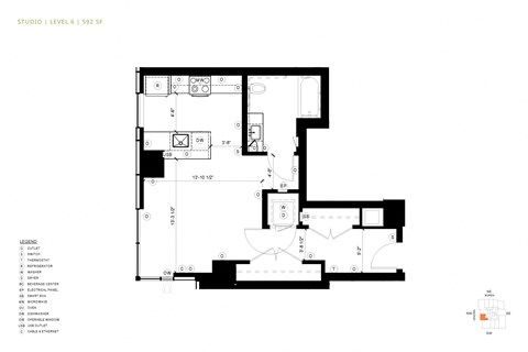Floor plan for studio, 1 bath, 592 sqft