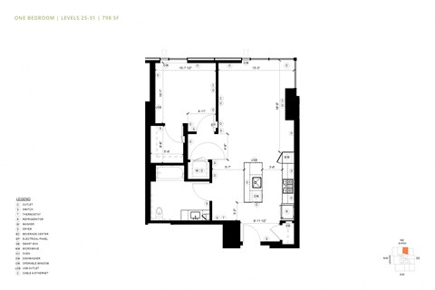 Floor plan for 1 bed, 1 bath, 798 sqft