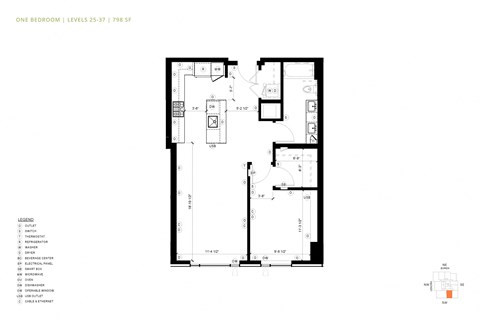 Floor plan for 1 bed, 1 bath, 798 sqft