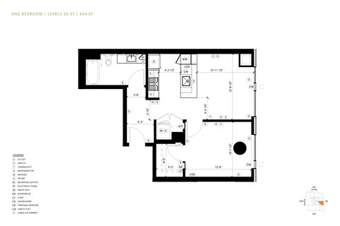 Floor plan for 1 bed, 1 bath, 654 sqft