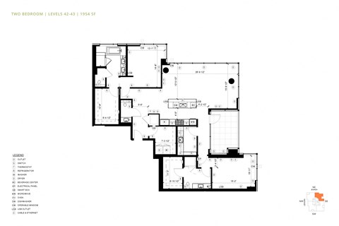 Floor plan for 2 beds, 2.5 baths, 1954 sqft