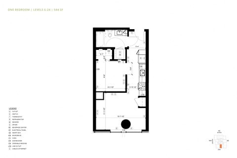Floor plan for 1 bed, 1 bath, 544 sqft