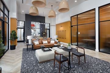 Duarte apartment for rent - A modern living room with a black and white rug and wooden furniture.