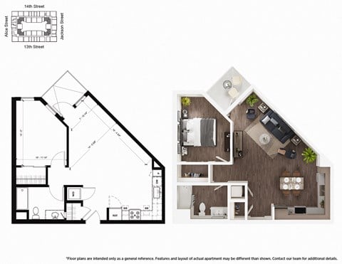 Floor plan for 1 bed, 1 bath, 723 sqft
