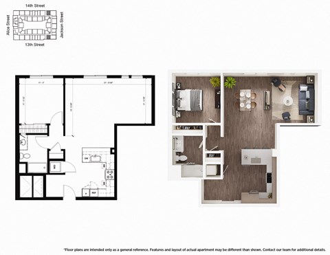Floor plan for 1 bed, 1 bath, 950 sqft
