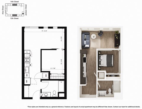 Floor plan for 1 bed, 1 bath, 594 sqft