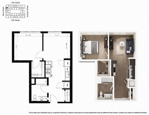 Floor plan for 1 bed, 1 bath, 695 sqft