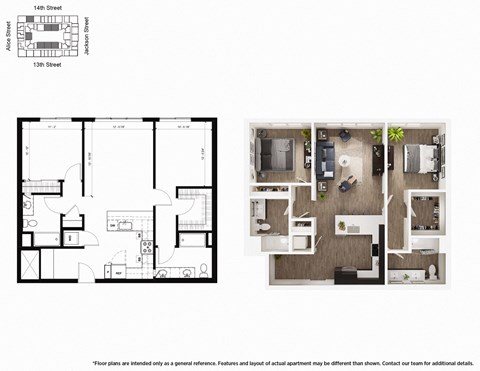 Floor plan for 2 beds, 2 baths, 1216 sqft