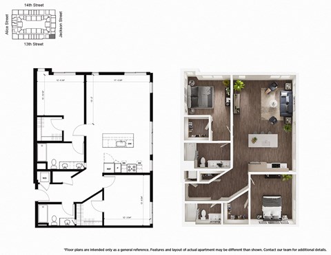Floor plan for 2 beds, 2 baths, 1300 sqft