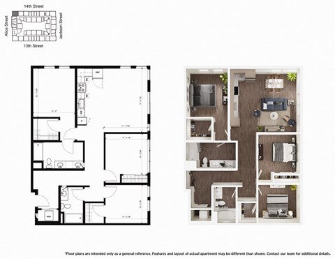 Floor plan for 3 beds, 2 baths, 1493 sqft