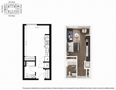 Floor plan for studio, 1 bath, 477 sqft