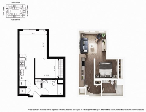 Floor plan for studio, 1 bath, 580 sqft
