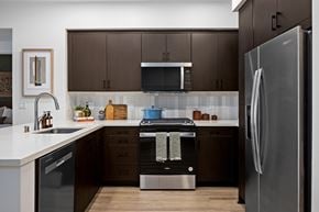 Vista apartment for rent - A modern kitchen with dark brown cabinets and stainless steel appliances.