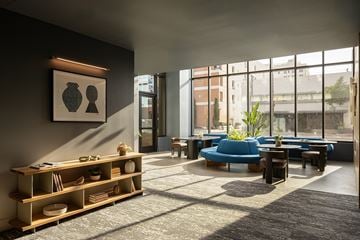 Long Beach apartment for rent - A modern living room with a blue sofa and a wooden shelf.