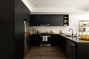 San Diego apartment for rent - a kitchen with black cabinets and white walls