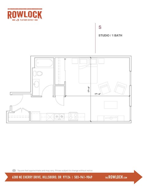 Floor plan for studio, 1 bath, 538 sqft