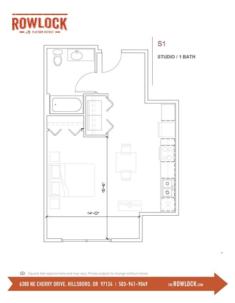Floor plan for studio, 1 bath, 535 sqft