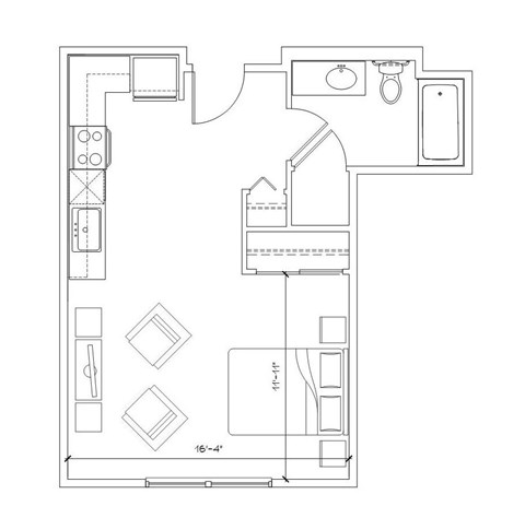 Floor plan for studio, 1 bath, 466 sqft