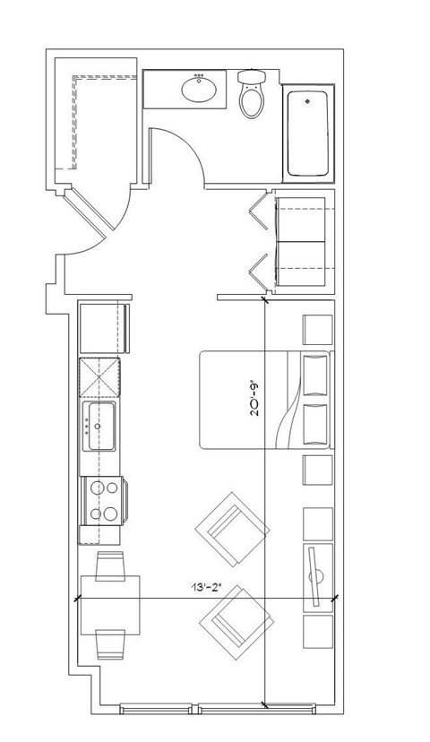 Floor plan for studio, 1 bath, 480 sqft