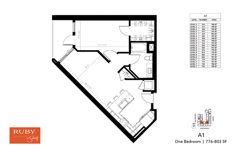 Floor plan for 1 bed, 1 bath, 788 sqft