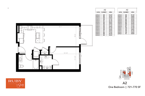 Floor plan for 1 bed, 1 bath, 742 sqft