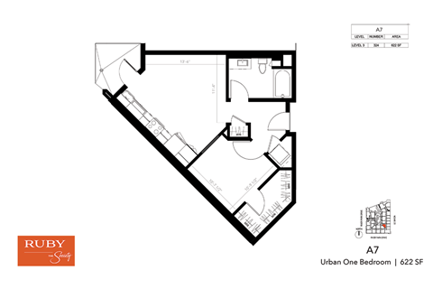 Floor plan for 1 bed, 1 bath, 622 sqft