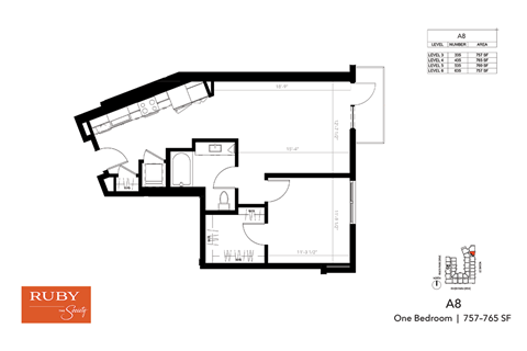 Floor plan for 1 bed, 1 bath, 757 sqft