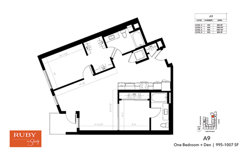 Floor plan for 1 bed, 2 baths, 1005 sqft