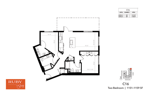 Floor plan for 2 beds, 2 baths, 1159 sqft