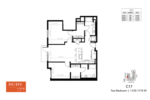 Floor plan for 2 beds, 2 baths, 1125 sqft