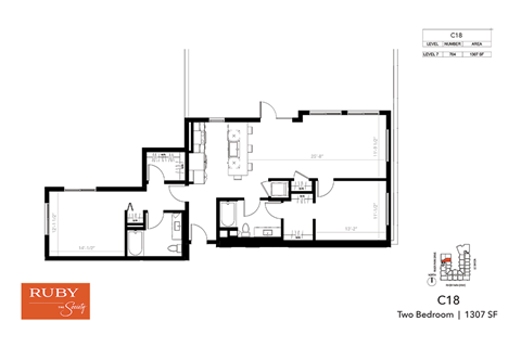 Floor plan for 2 beds, 2 baths, 1307 sqft