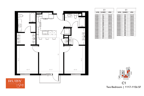 Floor plan for 2 beds, 2 baths, 1134 sqft